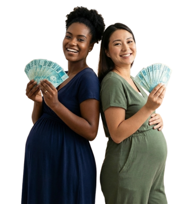Grávidas sorrindo segurando dinheiro do salário-maternidade